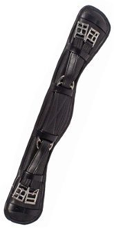 A black leather Piaffe Girth by Nunn Finer with silver buckles.