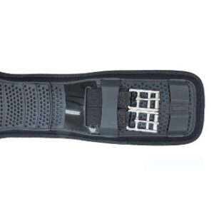 A black Pro Mesh Dressage Girth with a metal buckle on it.