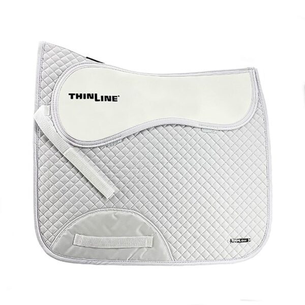 A white ThinLine Cotton Comfort Dressage Square saddle pad with a logo on it.