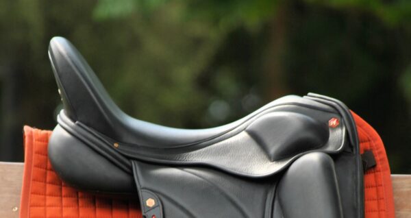 An Albion Revelation Red Label Dressage saddle on a wooden fence.