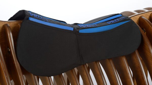 A black and blue ProLite Multi-Riser Thin Pad on a wooden bench.