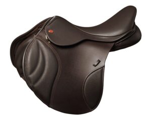 Dark brown leather equestrian saddle isolated.