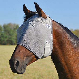 a horse wearing a Cashel Crusader Fly Mask Standard