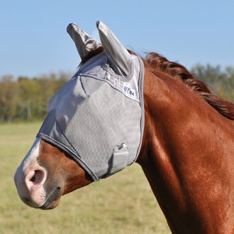 a horse wearing a Cashel Crusader Fly Mask – Standard with ears