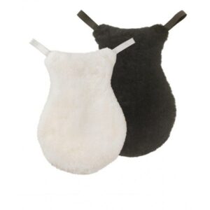 Two black and white Ovation Europa Sheepskin English Seat Saver mitts on a white background.