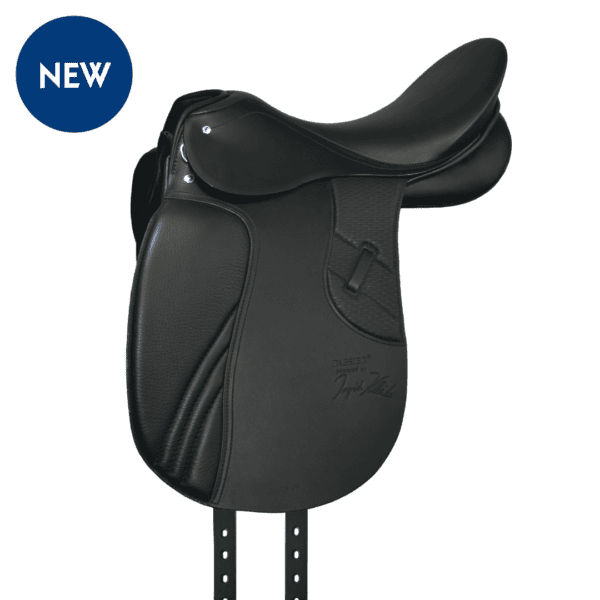 A black Passier GG Extra Dressage - NEW saddle with the word new on it.