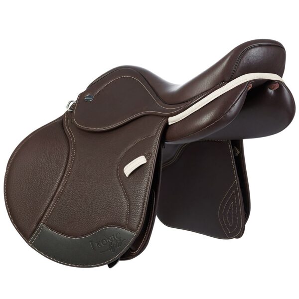 A Ikonic 'Hybrid' Pony Jump - HYB-P01 saddle with a white lining.