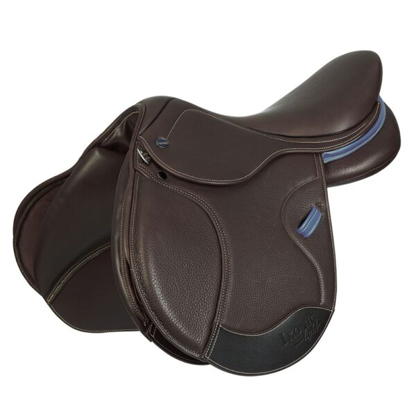 A brown and blue Ikonic 'Hybrid' Pony Jump - HYB-P01 saddle with a blue lining.