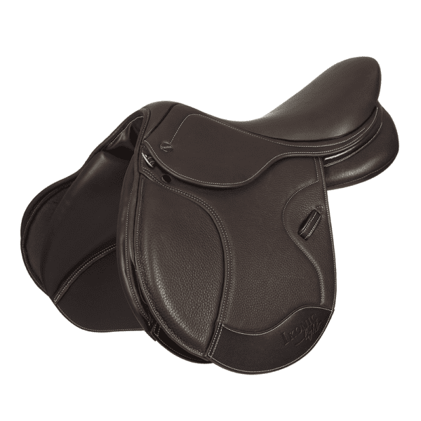 A brown Ikonic 'Hybrid' Pony Jump - HYB-P01 saddle on a white background.