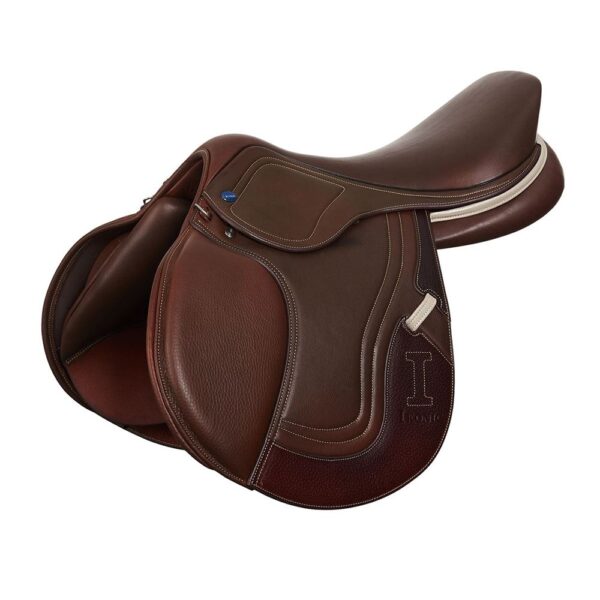 A brown and white Ikonic Jump "Evolution" - Calf Lined saddle on a white background.