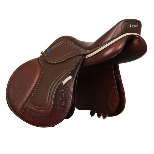 An Ikonic Jump "Evolution" - Calf Lined equestrian saddle on a white background.