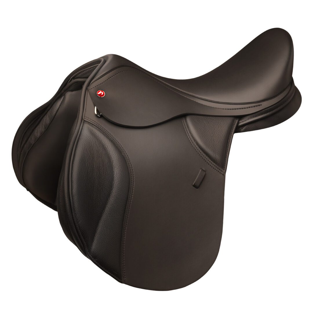 A Thorowgood T8 Compact General Purpose equestrian saddle on a white background.