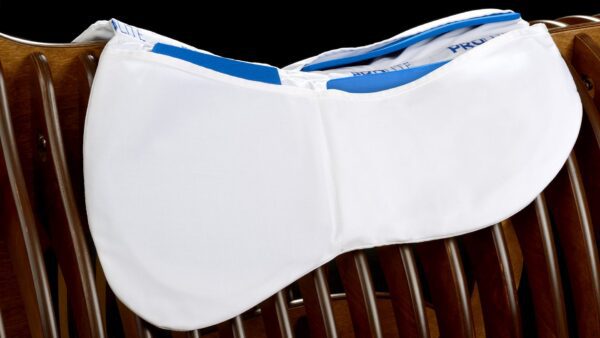 A white ProLite Multi-Riser Thick Pad hanging on a wooden chair.