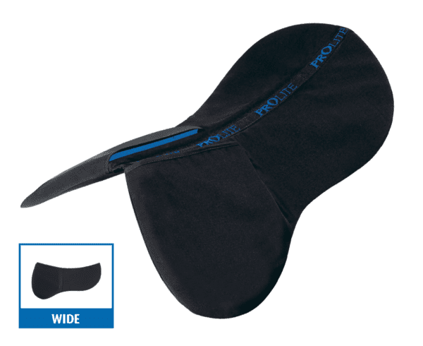 A black and blue ProLite Adjustable Front Riser saddle pad with a blue lining.