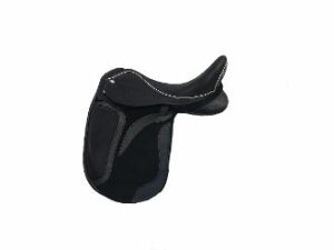 A black Ryder Excellence Dressage saddle on a white background.