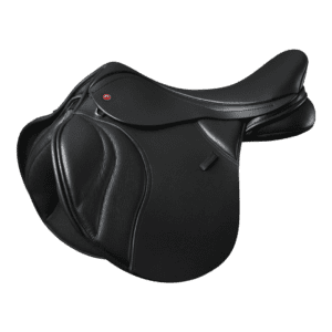 A Thorowgood T8 Pony Jump equestrian saddle on a white background.