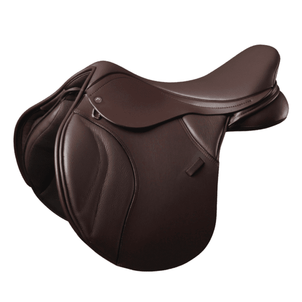 A Thorowgood T8 Pony Jump equestrian saddle on a white background.