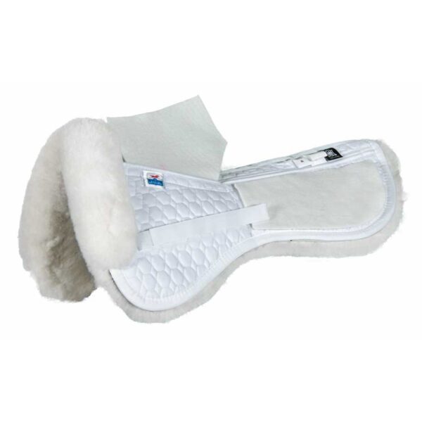 A white E.A. Mattes 'Platinum' Correction Half Pad with Sheepskin Panels and Shim Pockets.