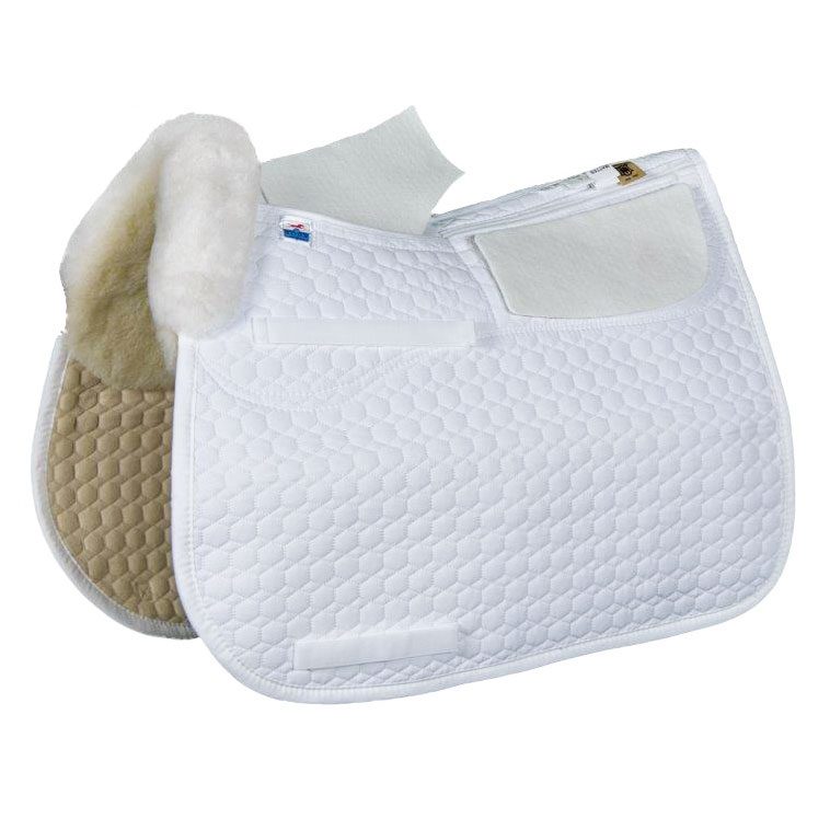 A white E.A. Mattes 'GOLD' Dressage Correction Square with a sheepskin lining.