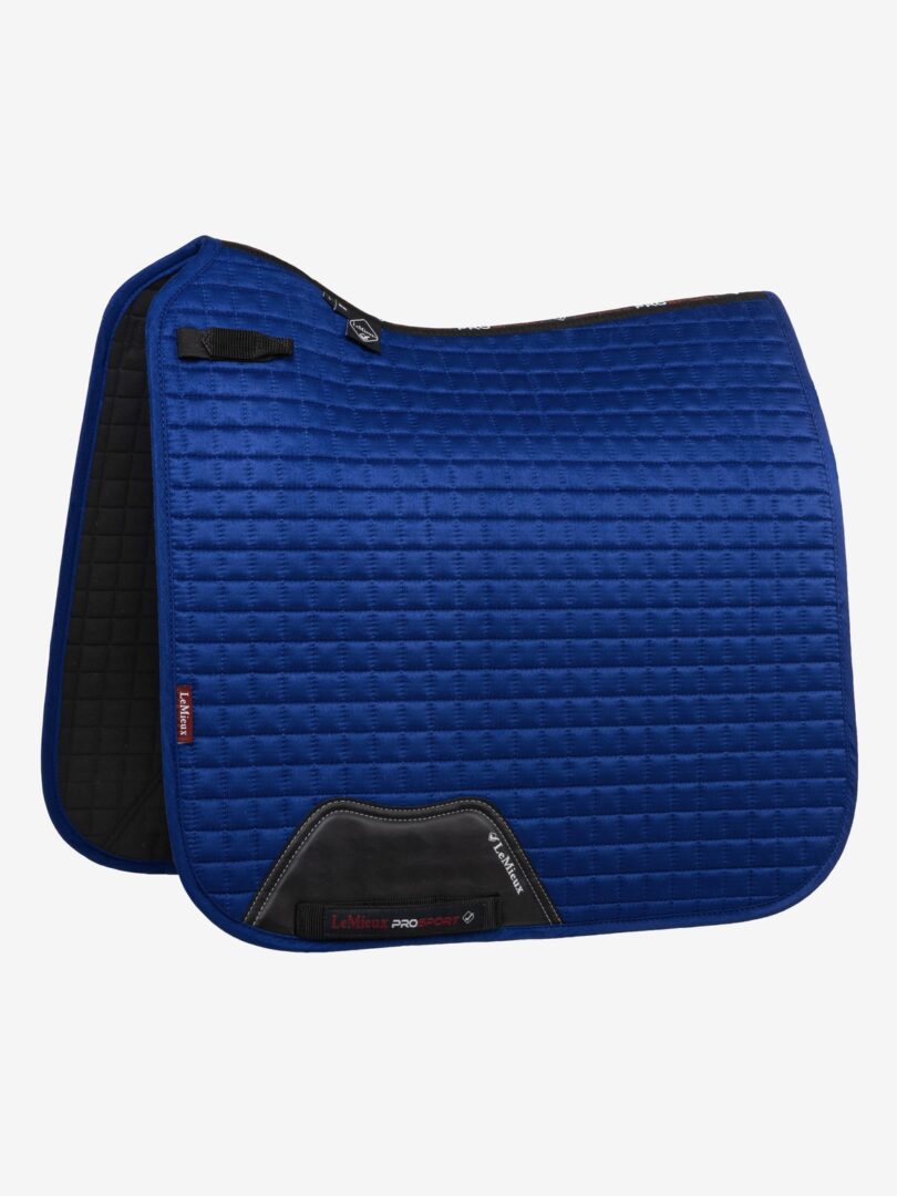 A blue equestrian saddle pad on a white background.