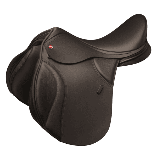 A black equestrian saddle on a white background.