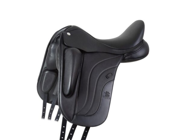 A Fairfax Petrus Monoflap Performance Dressage saddle on a white background.