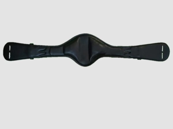 A black leather Tota Sternum Relief Broad Belly Girth with a buckle on the side.