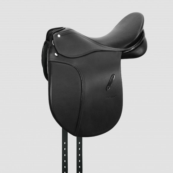 A Passier Young Star II Dressage Saddle on a grey background.