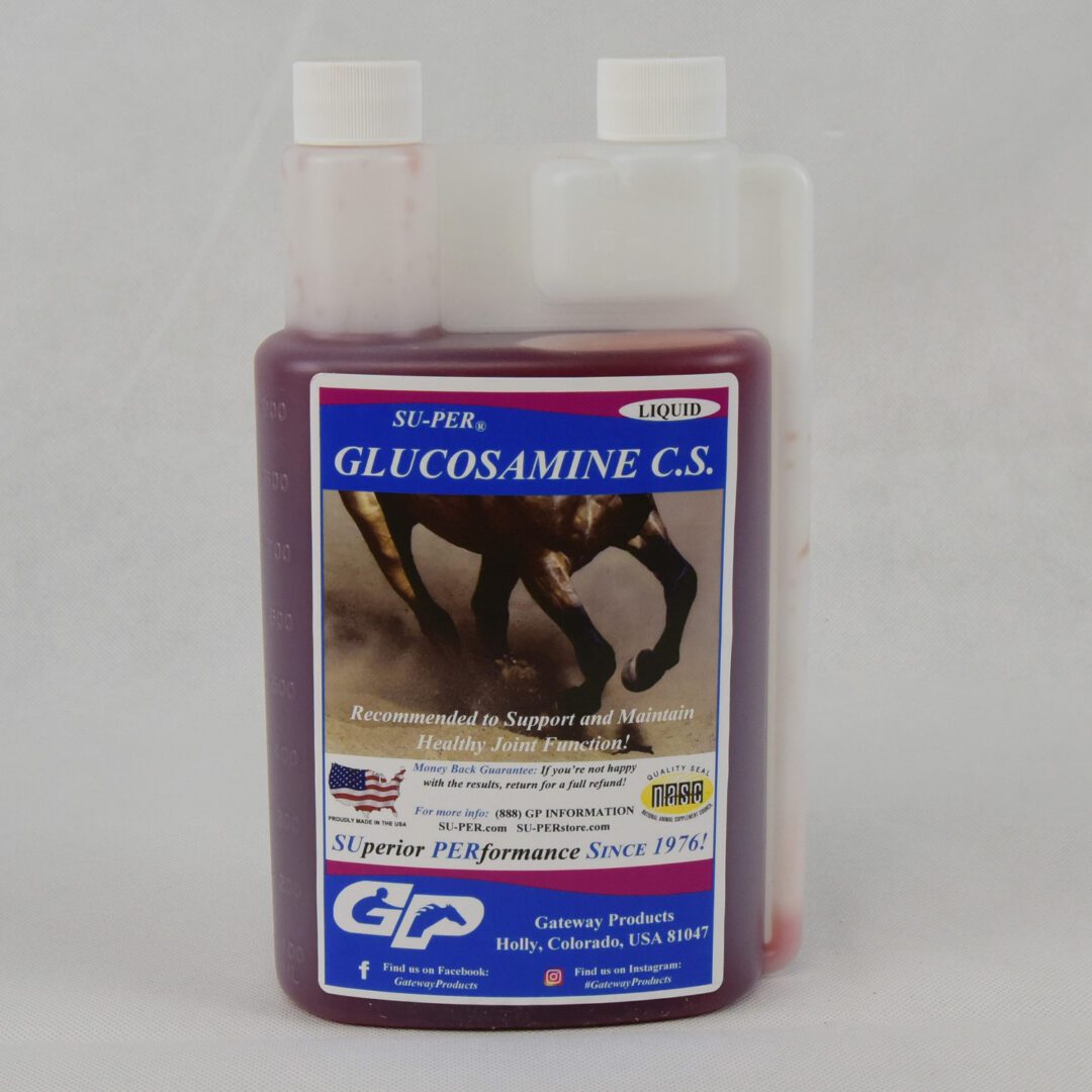 A bottle of Gateway SU-PER Glucosamine CS Liquid on a white background.
