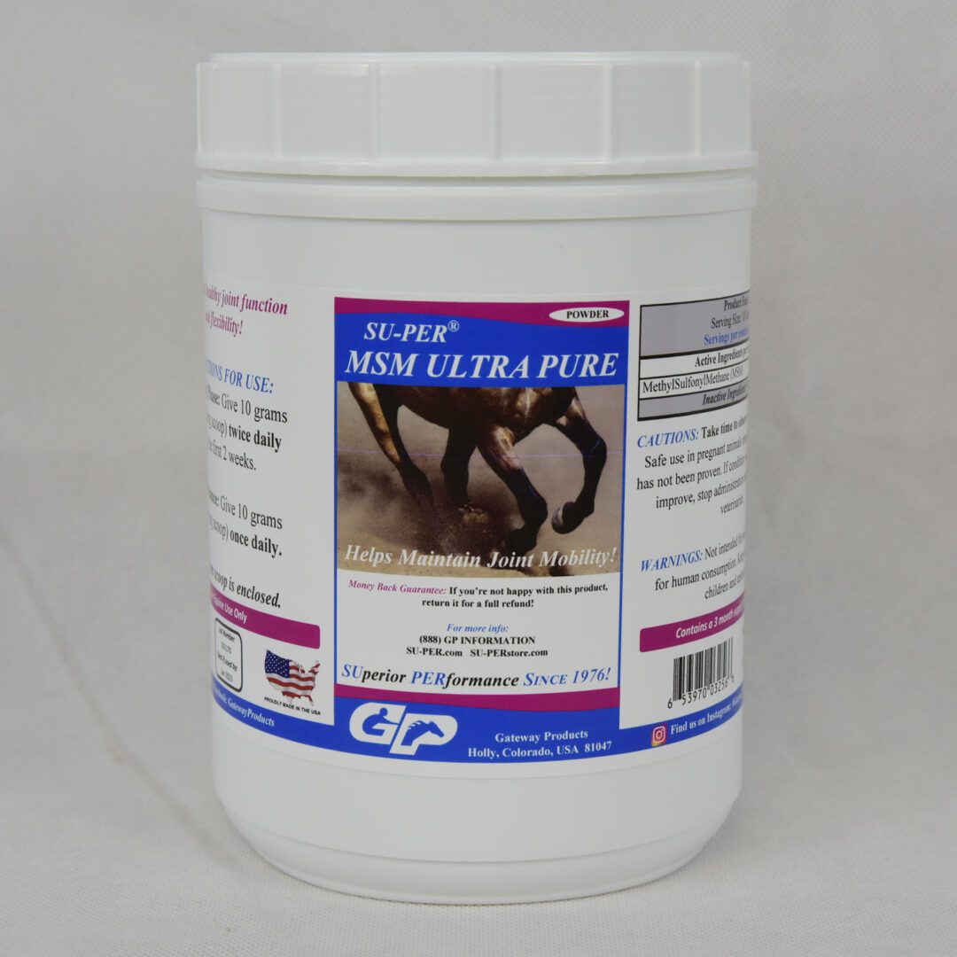 A jar of Gateway SU-PER MSM Ultra Pure with a horse on it.
