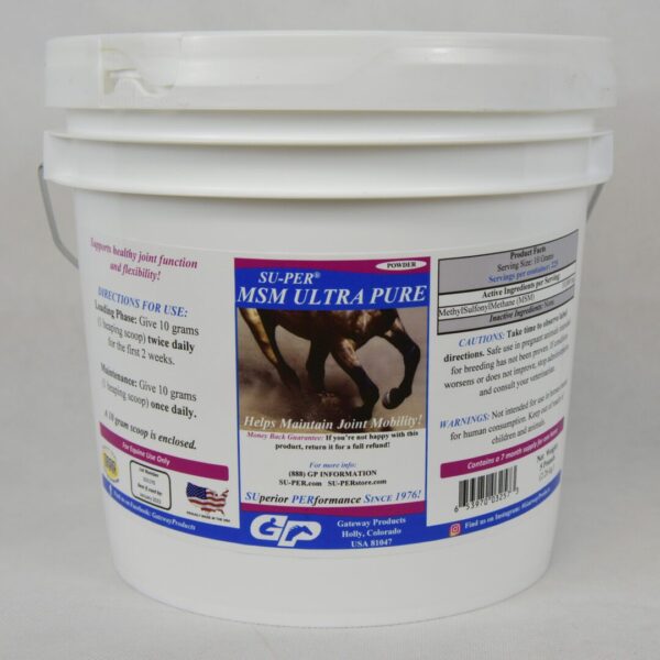 A bucket of Gateway SU-PER MSM Ultra Pure with an image of a horse.