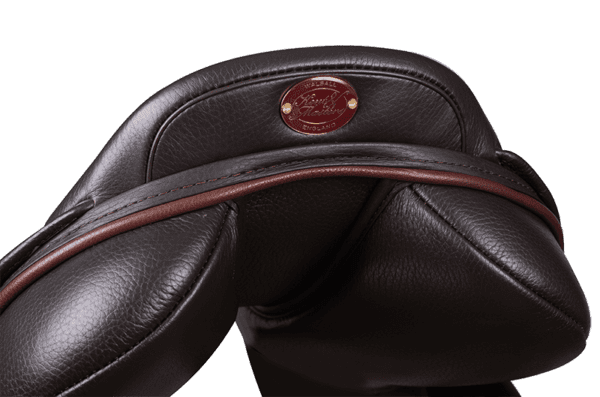 The back of a Kent & Masters - Competition Series Monoflap XC saddle with brown stitching.