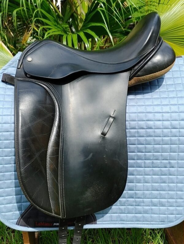 A Black Country Dressage UC257 sitting on top of a blue blanket.