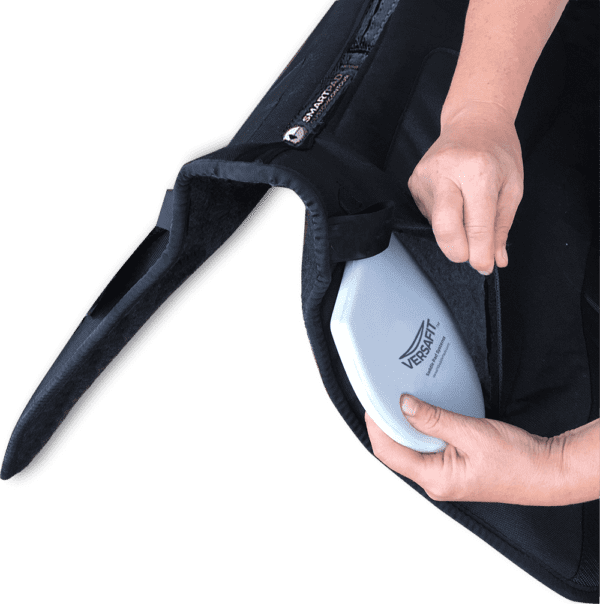 A person inserting a Profile Smartpad® into the back of a black bag.