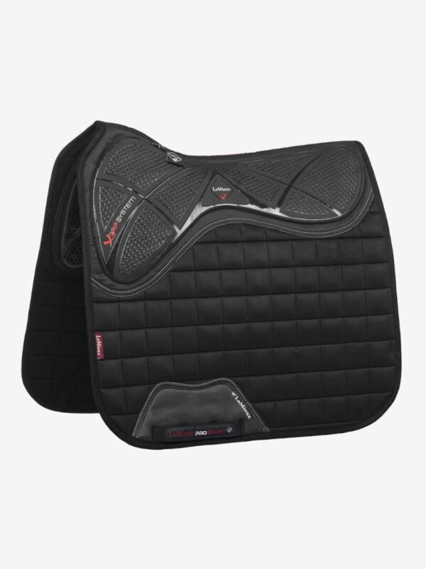 A LeMieux X-Grip Dressage Square with a red and black design.