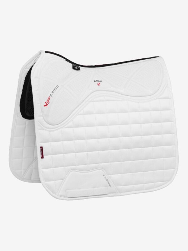 A white LeMieux X-Grip Dressage Square with black stitching.