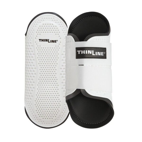 A pair of white and black Flexible Filly Closed Front Splint Boots with the word thriline on them.