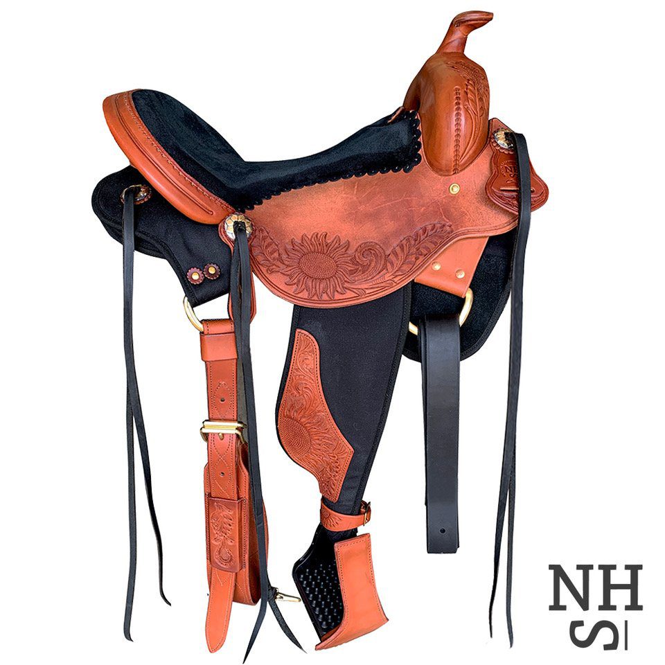 A brown and black Natural Horseman Saddle with a leather lining.