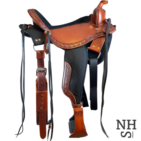 A Natural Horseman Saddle with a brown leather and black straps.