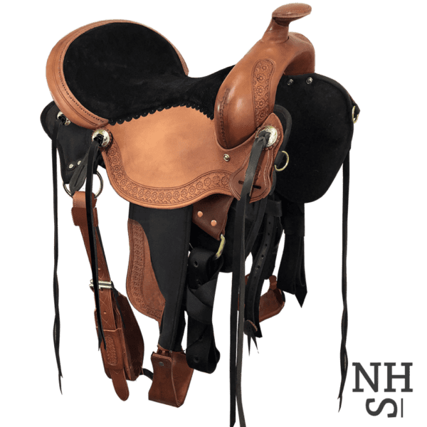 A brown leather Natural Horseman Saddle with a Deep Seat Light and strap.
