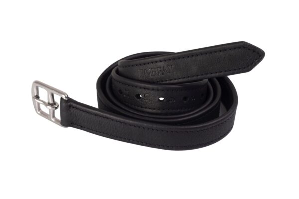 A black leather belt with a silver buckle.