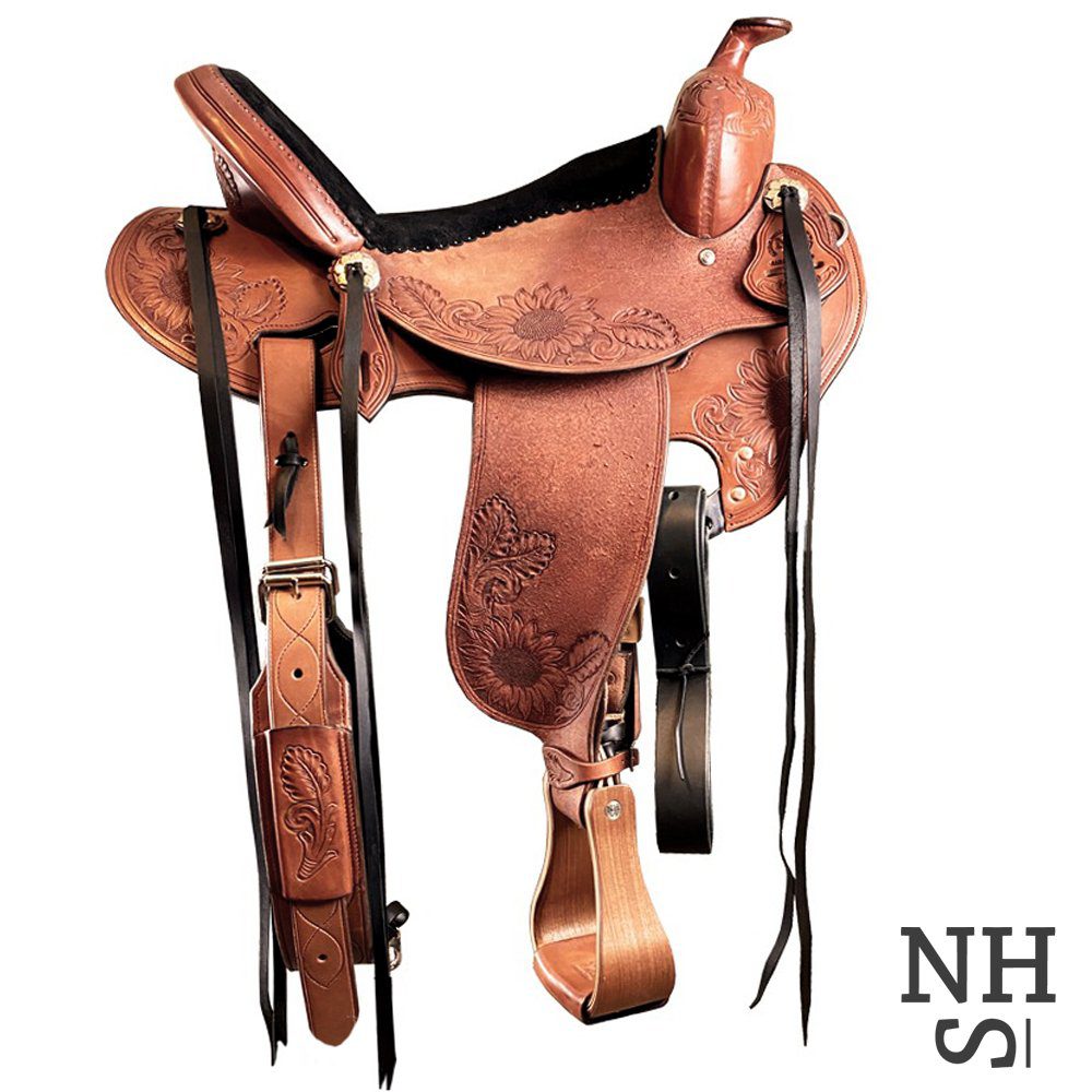 A Durango Deep Seat Western with a leather seat and a leather strap.