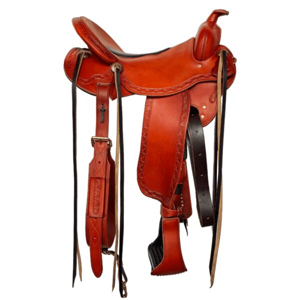 A Durango Deep Seat Western saddle with brown leather and black straps.