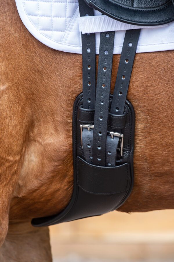 A close up of a Kent & Masters Short Girth on a brown horse's saddle.