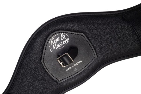 A black leather strap with a Kent & Masters Short Girth logo on it.