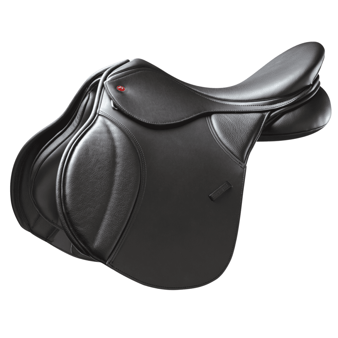 A Thorowgood T8 Original General Purpose equestrian saddle on a white background.