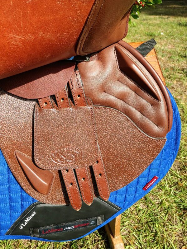 A close up of a DEMO - Ryder Riviera Dual Flap Jump saddle with a blue and brown saddle pad.