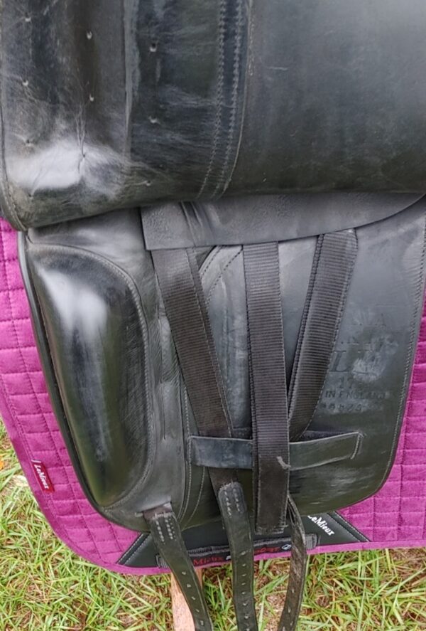An Albion SLK Ultima Dressage UC265 saddle sitting on top of a purple blanket.