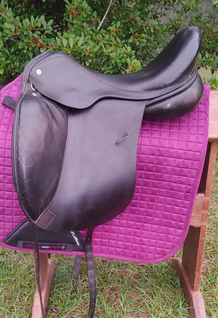 A black saddle with a Custom Revolution Dressage UC266 blanket on top.