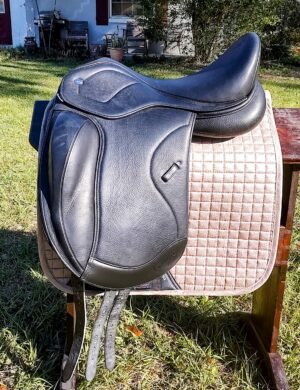Black saddle on a quilted pad.